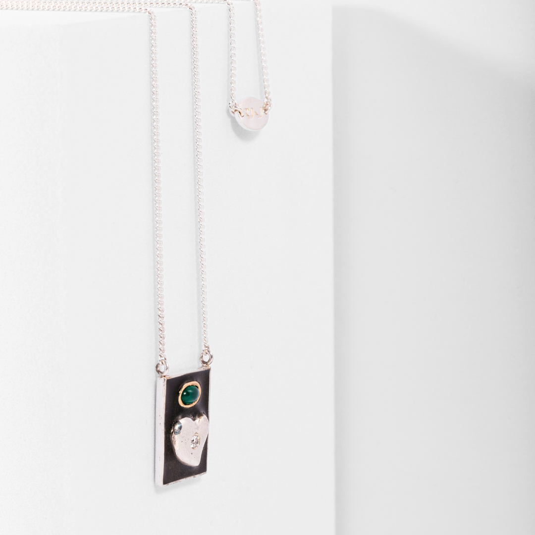 Grace Necklace Grande in recycled sterling silver and yellow gold with chrysoprase and ethical diamond, front view. Carlota Guardia Jewelry.