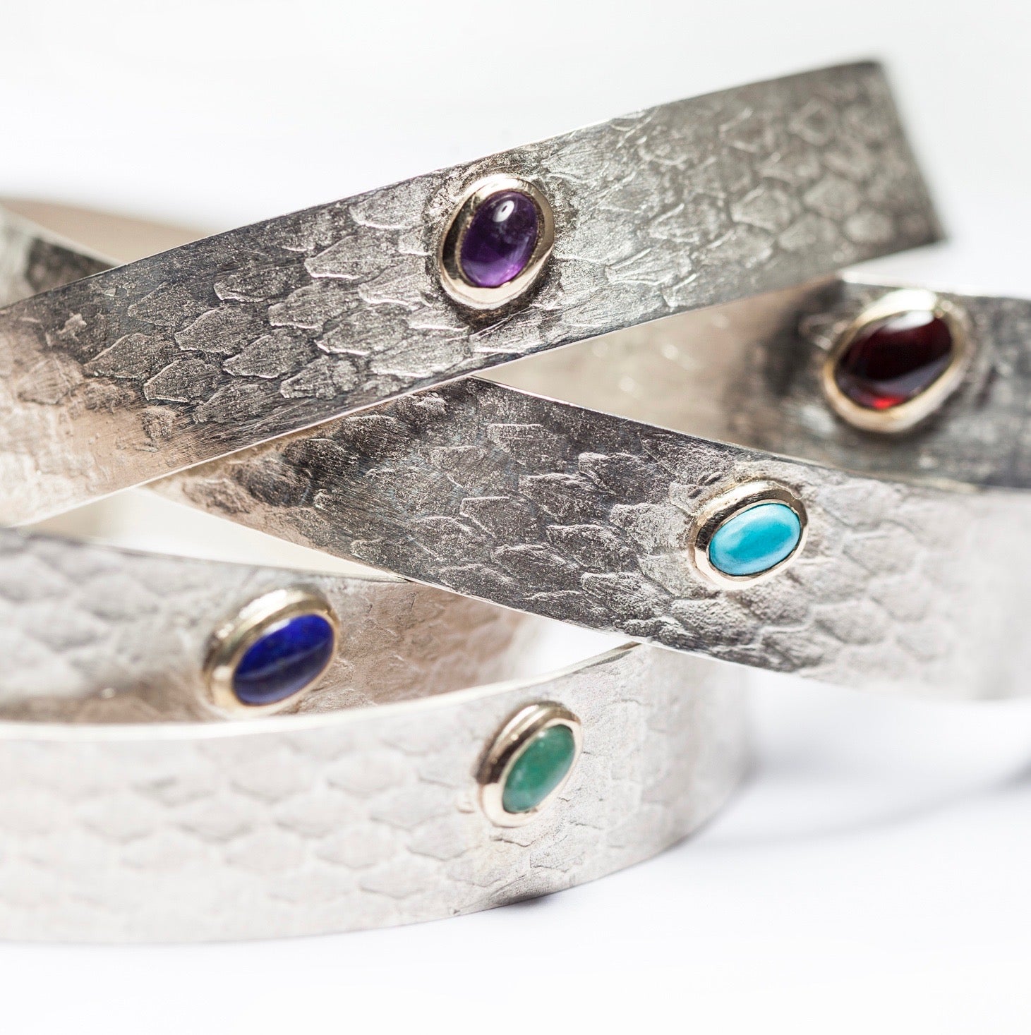 Reptilia Minima cuffs in vermeil (18k gold over recycled silver) with natural gemstones