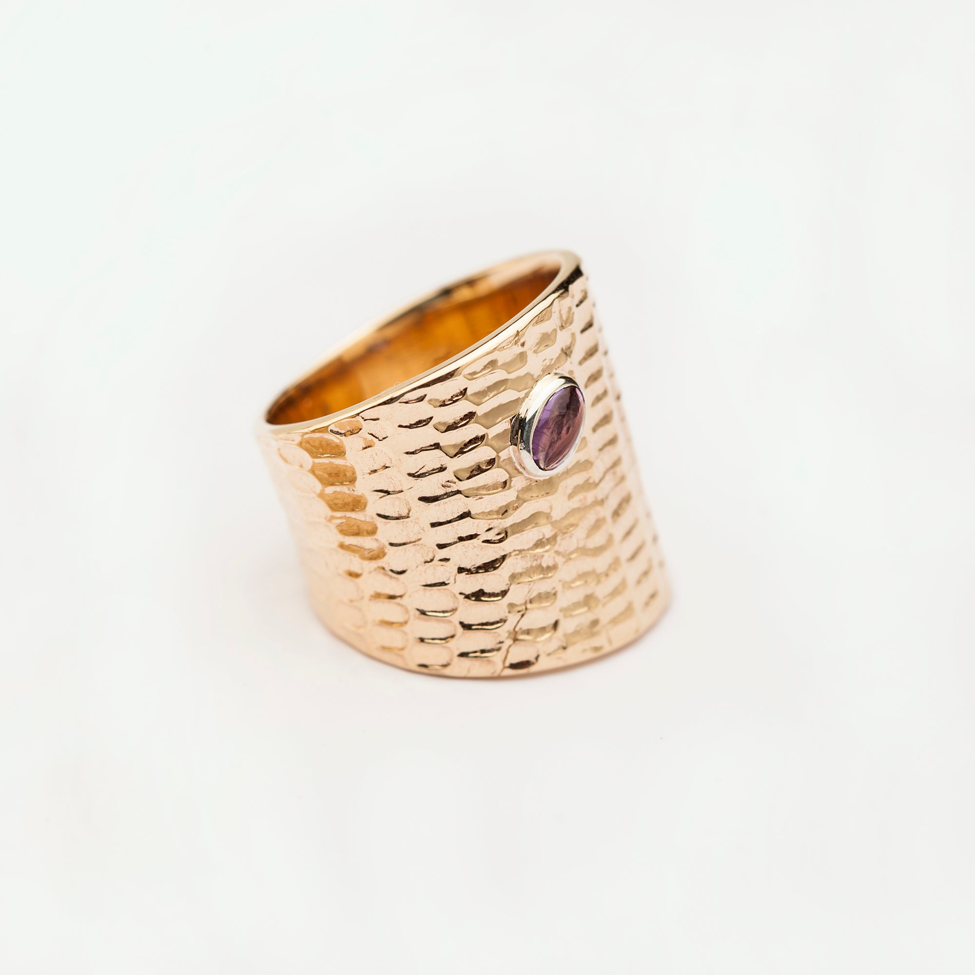 Reptilia ring in 14k recycled gold with natural gemstone bezel-set in sterling silver, front view on white.