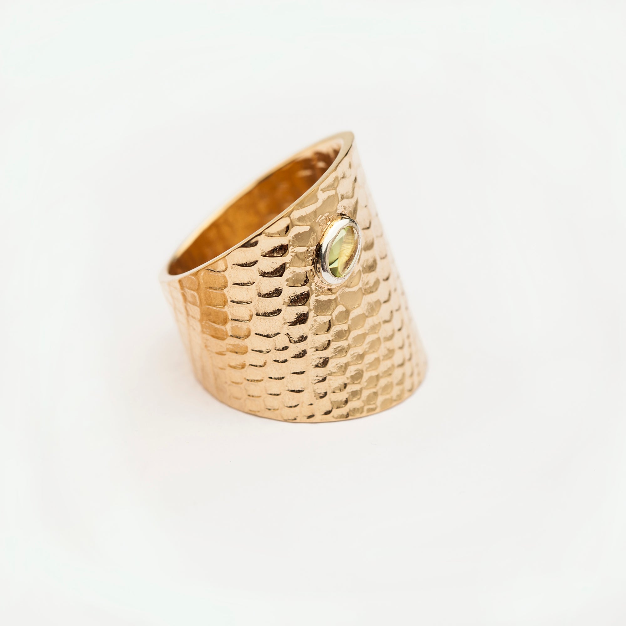Reptilia gold ring with natural gemstone, side view showing the sculptural band.