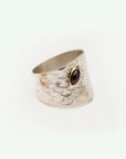 Side view of the Reptilia silver ring with bezel-set natural gemstone