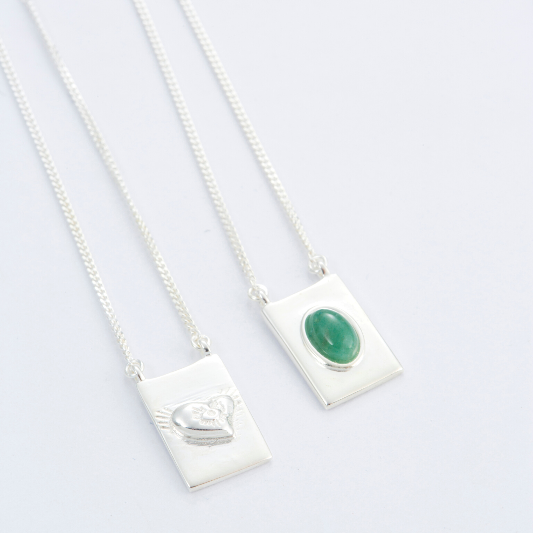 Grace scapular necklace by Carlota Guardia Jewelry from the Be Grateful collection, designed to support a daily gratitude ritual, crafted in recycled sterling silver with natural gemstone.